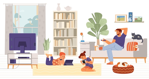Família viciada em gadgets e redes sociais em casa
