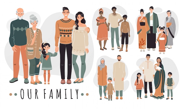 Famílias de diferentes países, ilustração de personagens de desenhos animados. família feliz junto, pais e filhos. pessoas em roupas tradicionais da cultura asiática, árabe, africana e indiana.