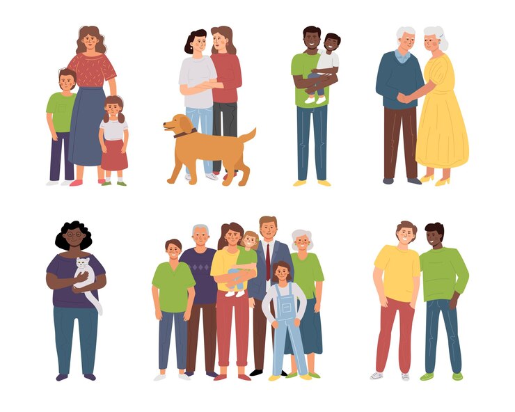 Vetor famílias diferentes: pais solteiros, famílias numerosas, casal de idosos, parceiros lgbt, mulher solitária com um animal de estimação