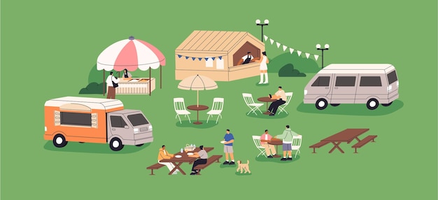 Famílias felizes comendo nas mesas de piquenique compram lanches sorvete em barracas de food truck no parque Festival de verão feira na natureza As pessoas se divertem nas férias ao ar livre Ilustração vetorial plana
