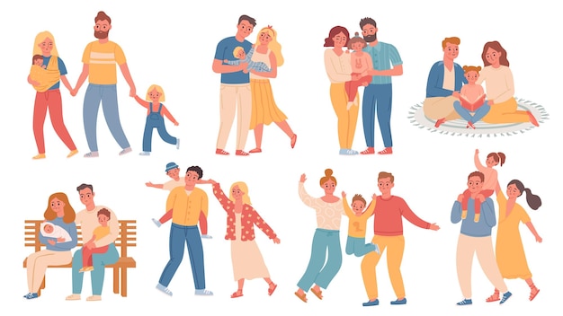 Famílias felizes. Pai e filho caminham, abraçam, lêem e brincam juntos. Mãe com bebê, pai, filho e filha. Conjunto de vetores de família plana na moda. Ilustração pai com criança, menino e família feliz