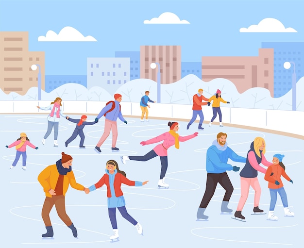 Famílias patinando pista de gelo pessoas no inverno cena de natal esportes de neve diversão caem crianças casal adulto com crianças férias na paisagem externa parque familiar ostentoso vetor