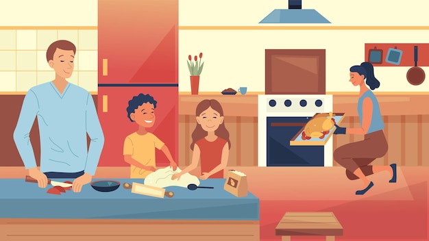 Family Cooking Concept Família feliz está cozinhando a refeição juntos na cozinha
