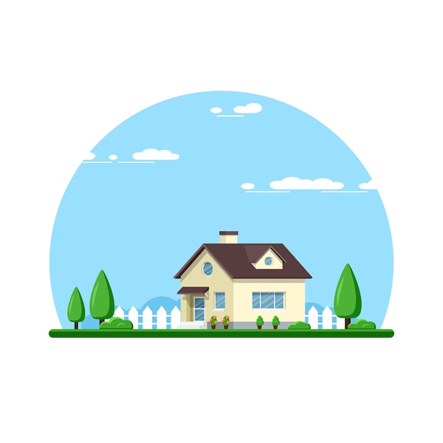 Family Cottage House. Imobiliário, conceito de indústria de construção. Ilustração de estilo simples