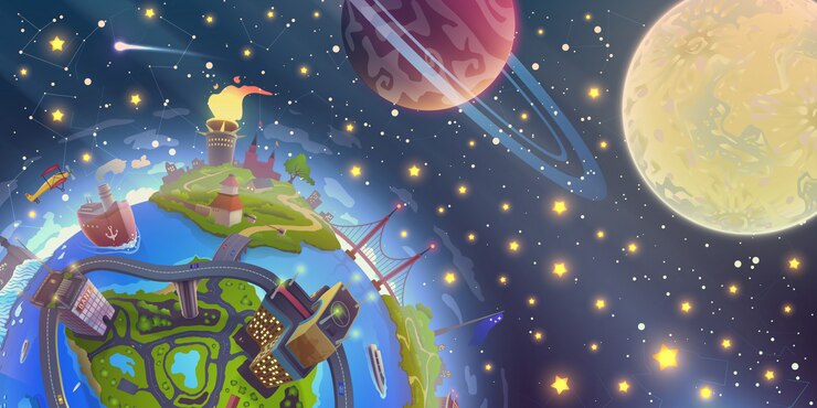 Vetor fantasia de paisagem espacial com a mágica 3d da terra sobre o céu noturno com estrelas, lua e planetas