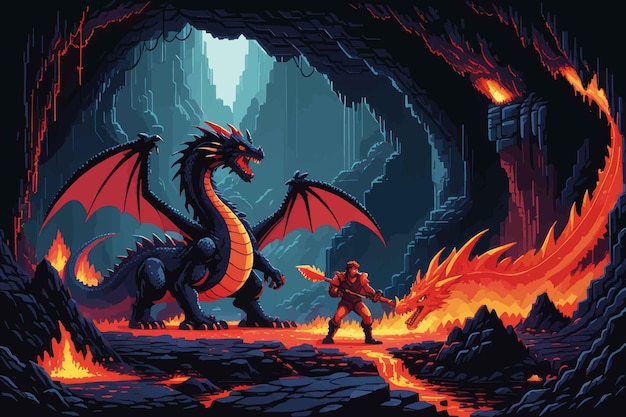 Vetor fantasia dragão e dragão na caverna vetor ilustração de desenho animado de uma batalha de fantasia de um dragão wi