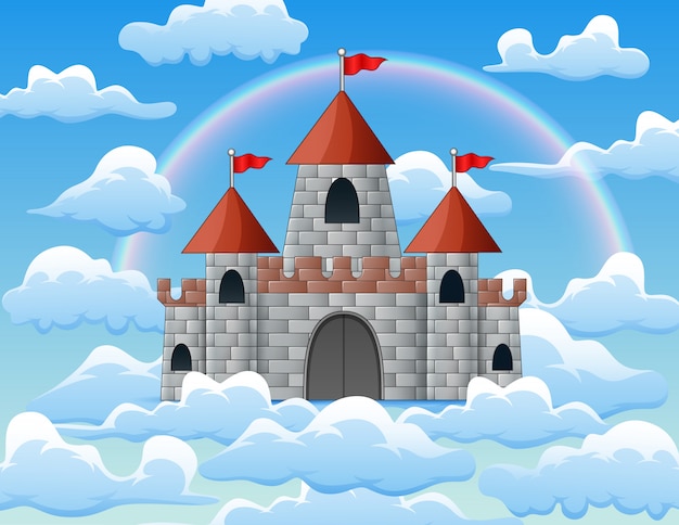 Vetor fantasia voando ilha com castelo e arco-íris na nuvem