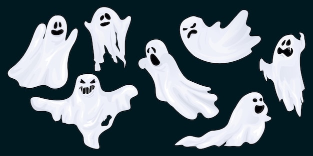 Fantasma assusta conjunto de caracteres de terror desenho de personagens de halloween de folha de fantasma fofo e engraçado ilustração vetorial isolada