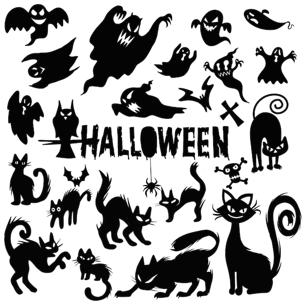 Vetor fantasma assustador de halloween e silhuetas de gato preto, modelo de ilustrações. desenho vetorial