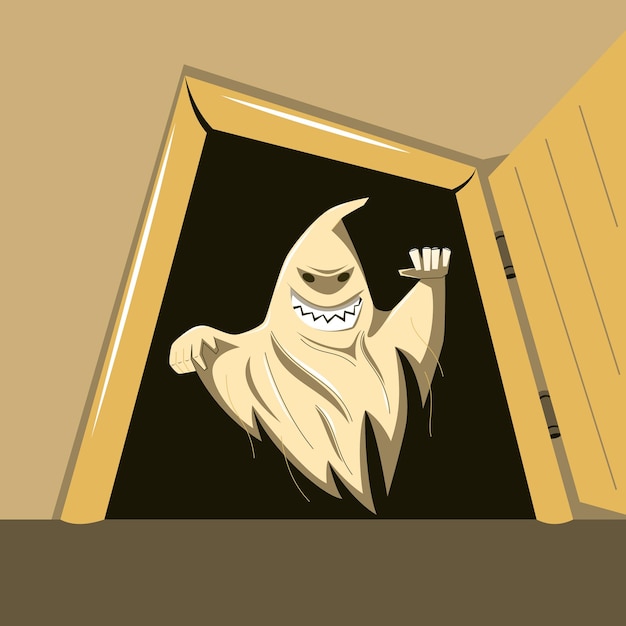 Vetor fantasma assustador na porta halloween