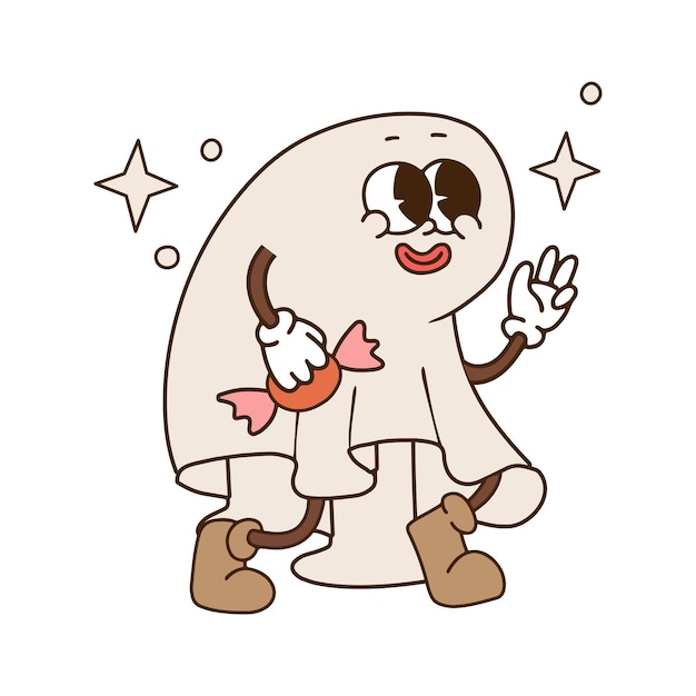 Fantasma bonito de halloween segurando doces kawaii rosto caminhando mascote de desenho retrô contorno ilustração vetorial desenhada à mão