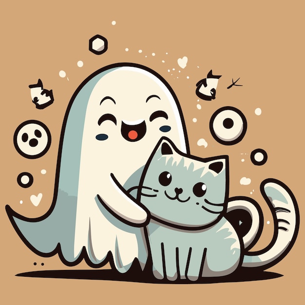 Fantasma bonito e feliz dos desenhos animados ilustração monoline acariciando sorrindo um gato imagem vetorial imagem plana