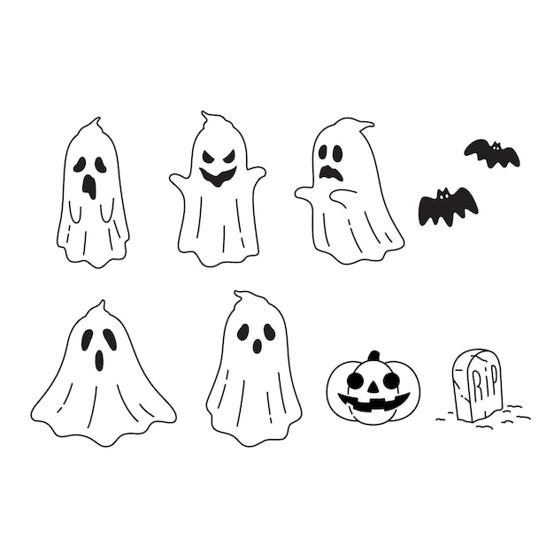 conjunto de desenhos animados de vetor doole desenhado à mão de objetos e  símbolos de halloween. esboço de fantasma, abóbora, osso, veneno, crânio,  livro de feitiços, gato, vela, morcego, túmulo 11593806 Vetor