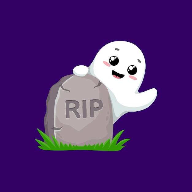 Fantasma de Halloween de desenho animado a espreitar a lápide
