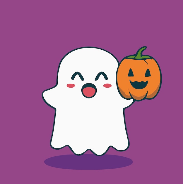 Fantasma de halloween fofo com ilustração de abóbora malvada fantasma de desenho animado halloween