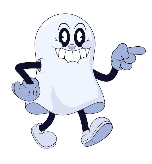 Vetor fantasma feliz apontando o dedo à sua direita na stule de desenho animado retrô