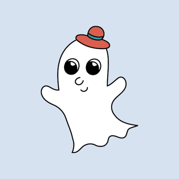 Fantasma feliz bonito no chapéu isolado personagem de rabisco de halloween fantasma de esboço de desenho animado sorrindo ilustração vetorial colorida