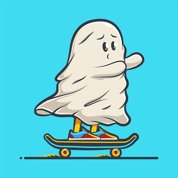 Fantasma fofinho brincando de skate cartoon ilustração premium vector