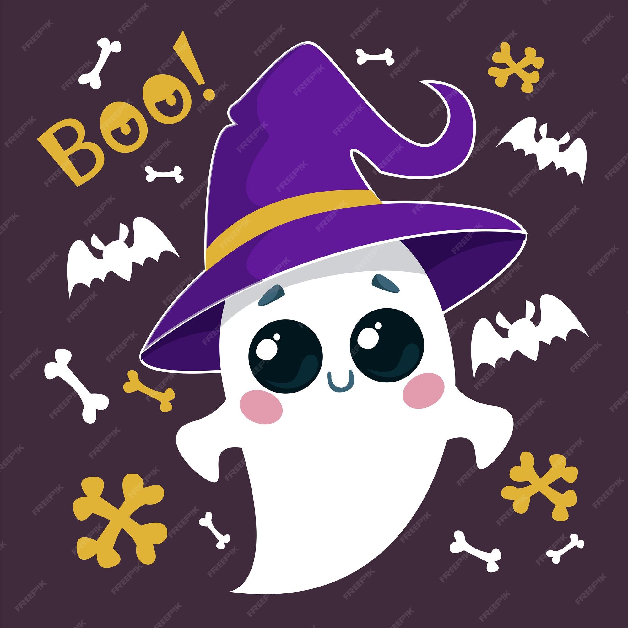 fantasma de halloween nas nuvens com um morcego. fantasma kawaii em roupas  brancas está voando. conceito de desenho místico de monstro kawaii.  ilustração vetorial plana isolada com abóboras e elementos de férias.