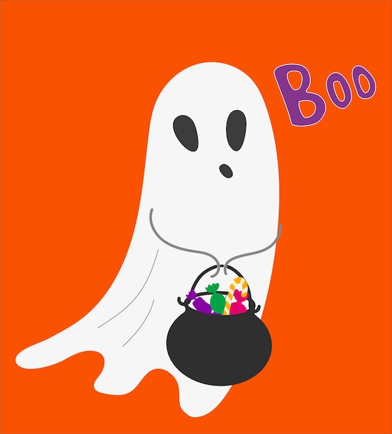 Fantasma fofo com doces de halloween ilustração vetorial assustador decoração festiva espírito de halloween fofo