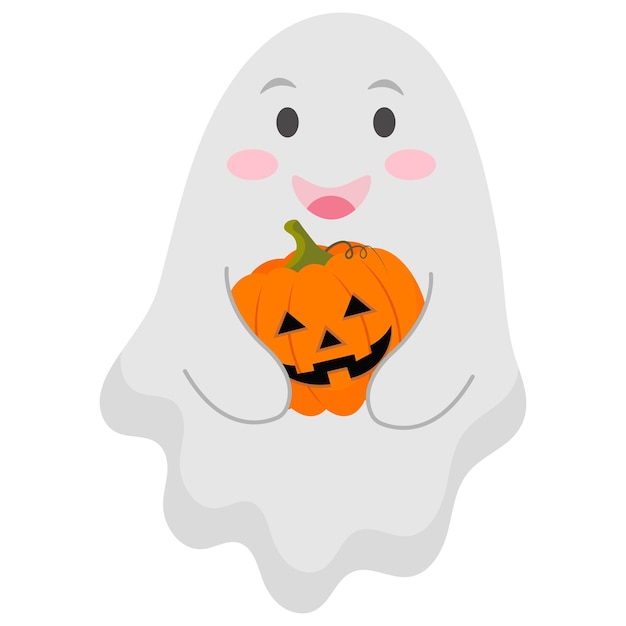 Fantasma fofo com ilustração vetorial de abóbora de halloween