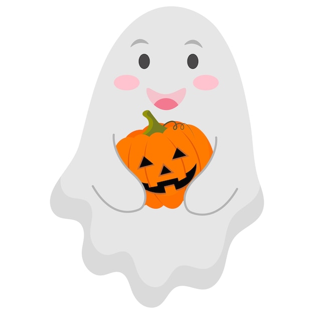 fantasma de halloween com abóbora. fantasma kawaii em roupas brancas e  vara. conceito de desenho místico de monstro kawaii. ilustração vetorial  plana isolada com abóboras e elementos de férias. 11193890 Vetor no