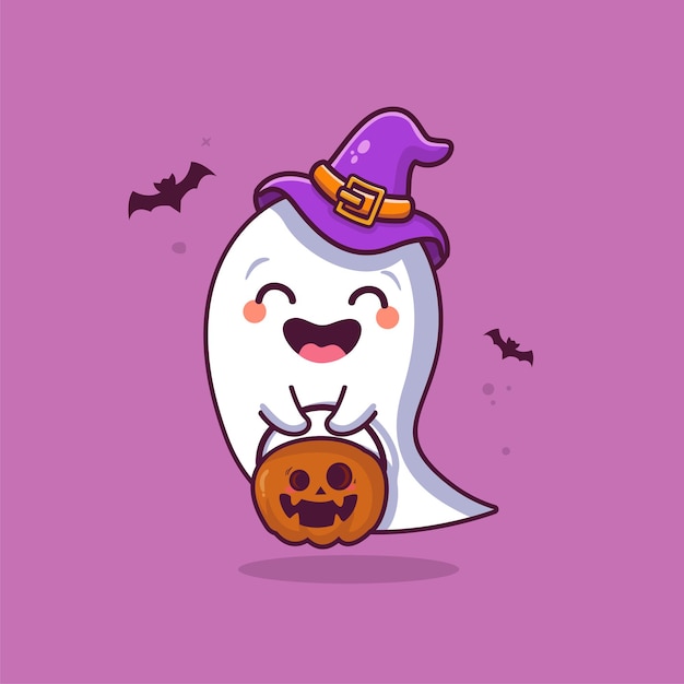 Fantasma fofo segurando ilustração de desenho de abóbora fantasma fofo halloween