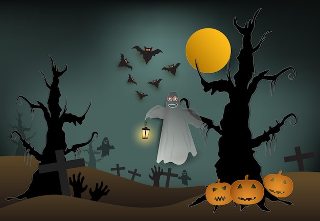 Fantasma no cemitério e abóbora ilustração de estilo de corte de papel de fundo de arte de papel de Halloween