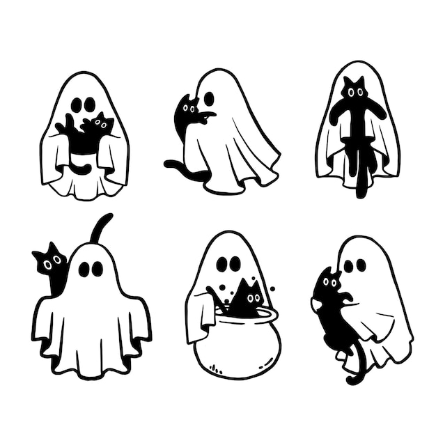 Vetor fantasma segurando um gato preto conjunto de fantasmas fofos e felizes, personagens infantis assustadores para crianças