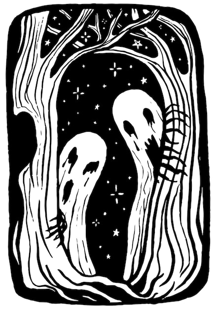 Fantasmas assustadores atrás das árvores à noite. halloween mão desenhada ilustração vetorial. gráfico de estilo retro isolado no branco. design para cartaz, impressão, cartão postal, decoração.
