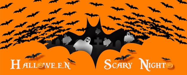 Fantasmas assustadores de halloween e cemitério em um morcego gigante feito por massas de morcegos voadores com halloween
