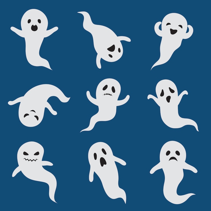 Vetor fantasmas assustadores. fantasma de halloween bonito. silhueta branca vector boohoo caracteres fantasmagóricos isolados