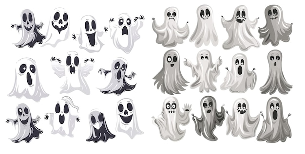 Vetor fantasmas de horror de halloween fantasmas assustadores fantasmas fantasmagóricos mascotes de halloween em conjuntos de ilustrações modernas