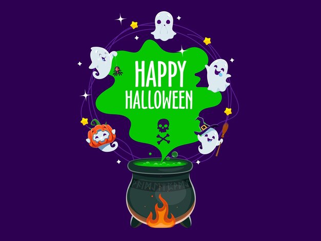 Fantasmas kawaii bonitos de Halloween perto do caldeirão mágico