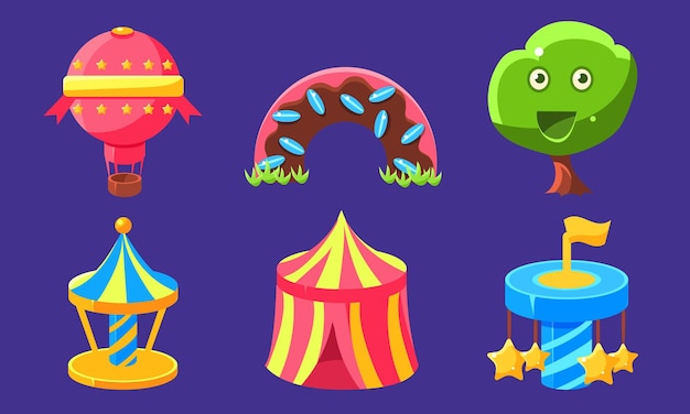 Fantasy amusement park icons set fairytale landscape elements para interface de jogo de computador ou móvel ilustração vetorial