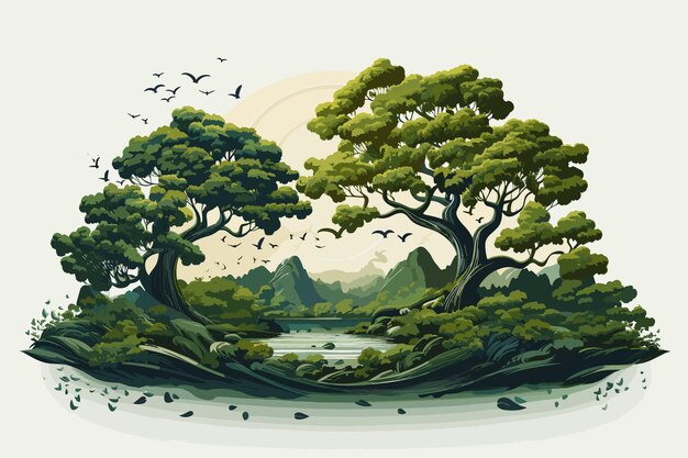 Vetor fantasy nature environment upsidedown em ghibli art style ilustração artística de árvore