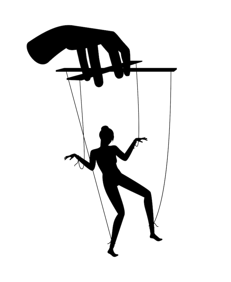 Vetor fantoche de mulher. manipulação de marionete de pessoa feminina, conceito de manipulação de mão de marionetista de negócios, dominação masculina, exploração de abuso de controle, silhueta de boneca de garota ditada ética moral em branco