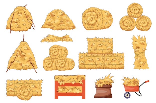 Fardos de feno definem elementos gráficos em design plano pacote de fardos de palha de trigo de diferentes formas empilha pilhas de palheiros secos armazenam em saco carrinho de mão ou caixa ilustração vetorial objetos isolados