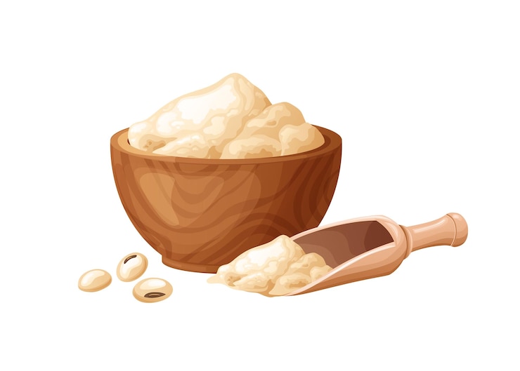 Vetor farinha de soja em tigela de madeira com sementes alimentos saudáveis sem glúten em pó em produtos orgânicos vetor