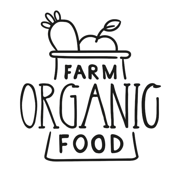 Farm organic food letras pretas com doodle maçã e cenoura