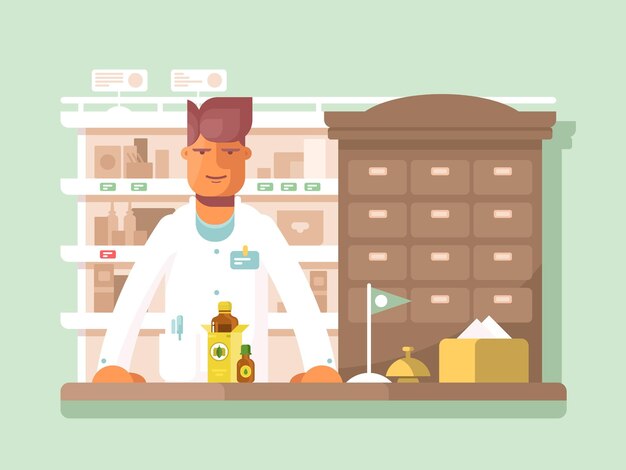 Farmacêutico da farmácia. Drogaria, remédios e assistência. Ilustração vetorial
