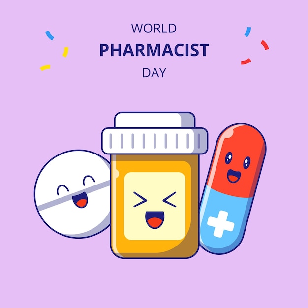 Farmacêutico dia fofinho medicamentos personagens de desenhos animados. conjunto de frasco de medicamento, cápsula e mascote do tablet.