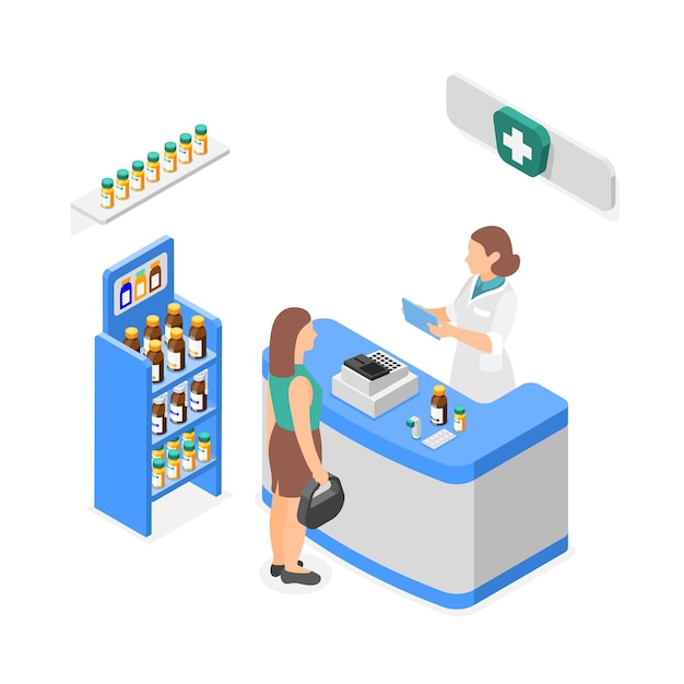Farmacêutico e cliente isométricos O paciente compra medicamentos na farmácia A comercialização de cuidados de saúde A temporada de gripe e o apoio à saúde Escena de vetores impecável