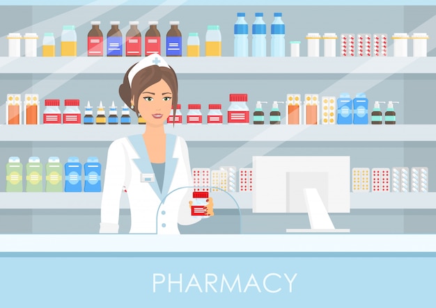 farmacêutico muito feminino interior farmácia ou drogaria com pílulas e medicamentos, frascos com vitaminas e comprimidos em estilo simples. Estilo de vida saudável, conceito de medicina.