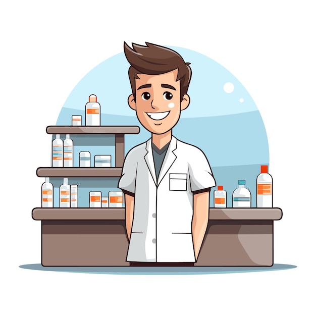 Vetor farmacêutico simples atendendo clientes ilustração vetorial de desenho animado