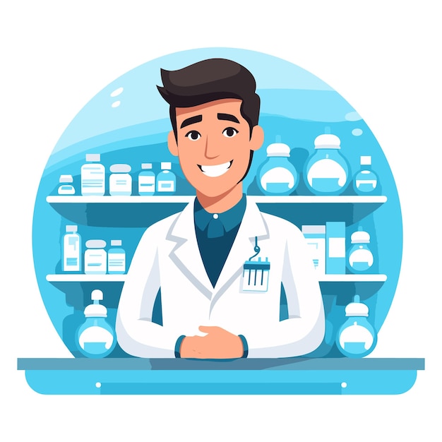 Vetor farmacêutico simples atendendo clientes ilustração vetorial de desenho animado