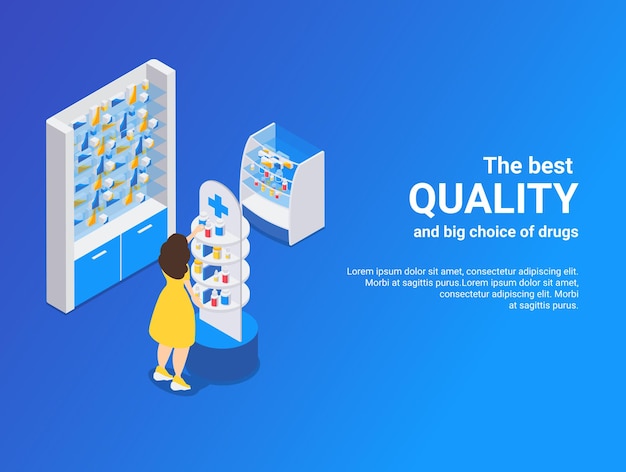 Farmácia isométrica azul ilustrada de melhor qualidade e grande variedade de medicamentos