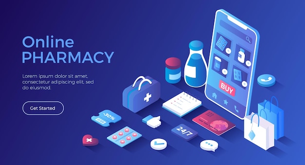 Farmacia online, loja de medicamentos, serviço de saúde, aplicativo de cuidados médicos, receita médica de cuidados de saúde
