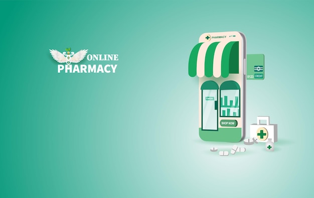 Vetor farmácia online.pills compra online com o conceito de smartphone. dispositivo de farmácia on-line de saúde móvel frasco de remédios para paciente.