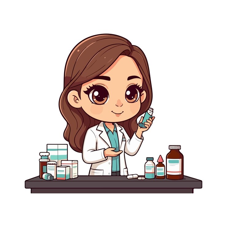 Vetor farmacista de desenho animado de pé na farmácia ilustração vetorial farmacista medicina ilustração vectorial